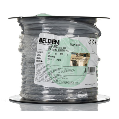 Belden Twisted Pair Data Cable, 2 Pairs, 0.25 mm², 4 Cores, 24 AWG, Screened, 30m, Chrome Sheath