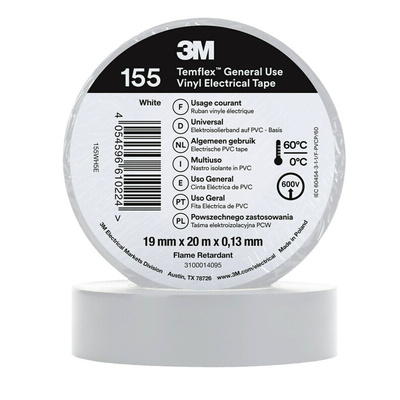 3M Temflex 155 White Vinyl Electrical Tape, 19mm x 20m