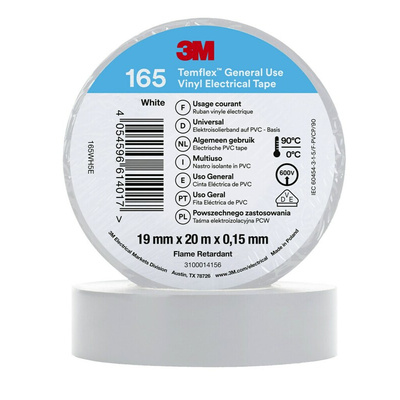 3M Temflex 165 White Vinyl Electrical Tape, 19mm x 20m