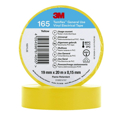 3M Temflex Yellow Vinyl Electrical Tape, 19mm x 20m