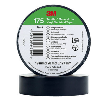 3M Temflex Black Vinyl Electrical Tape, 19mm x 20m