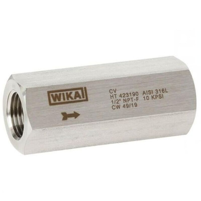 WIKA Stainless Steel Single Inline Mounting, Hydraulic Check Valve, 57420084, NPT 1/2, 1.38bar Cracking Pressure