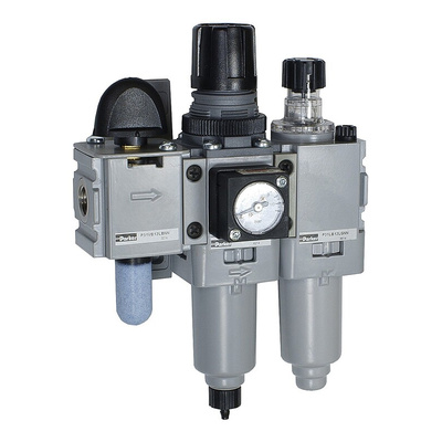 Parker BSPP 1/4 FRL, Pulse Drain, 5μ Filtration Size - With Pressure Gauge