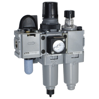 Parker BSPP 1/4 FRL, Manual Drain, 5μ Filtration Size - With Pressure Gauge