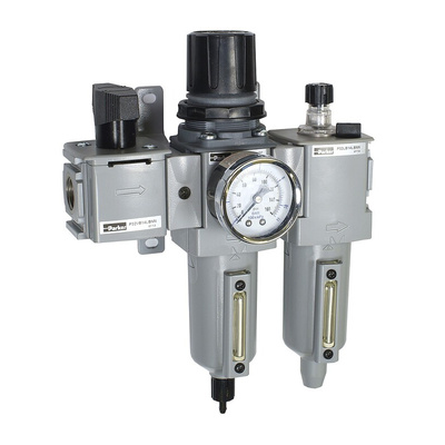 Parker BSPP 1/2 FRL, Manual Drain, 5μ Filtration Size - With Pressure Gauge