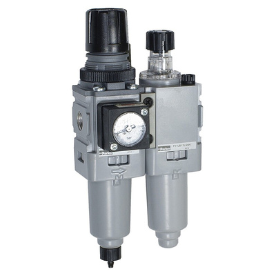 Parker G 1/4 FRL, Pulse Drain, 5μ Filtration Size - With Pressure Gauge