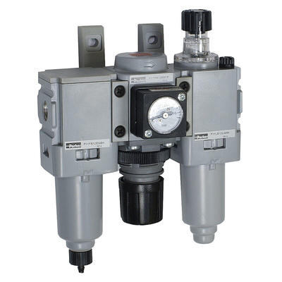 Parker G 1/4 FRL, Manual Drain, 5μ Filtration Size - With Pressure Gauge