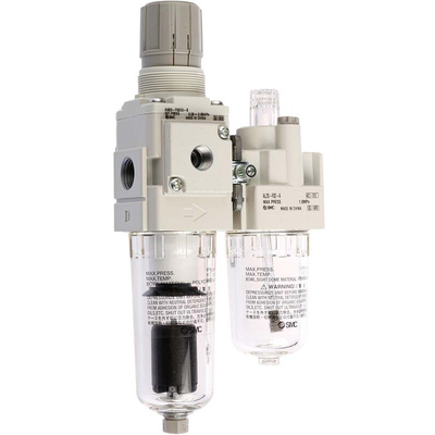 SMC G 1/4 FRL, Automatic Drain, 5μm Filtration Size - With Pressure Gauge
