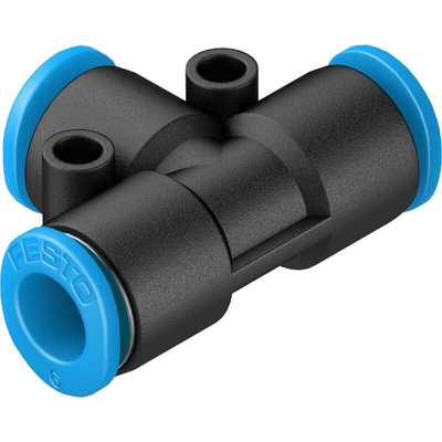 Festo QSMT Series Tee Tube-to-Tube Adaptor Push In 6 mm, Push In 6 mm to Push In 6 mm, Tube-to-Tube Connection Style,