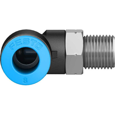 Festo QS Series Elbow Threaded Adaptor, R 1/8 Male to Push In 8 mm, Threaded-to-Tube Connection Style, 153048