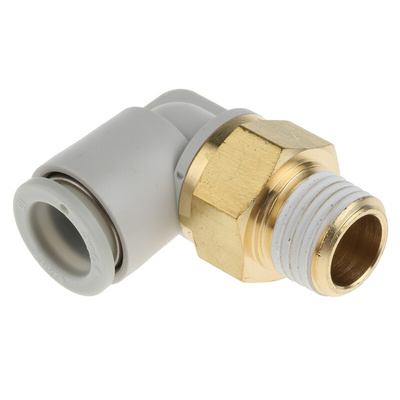 SMC KQ2 Series Elbow Threaded Adaptor, R 1/4 Male to Push In 10 mm, Threaded-to-Tube Connection Style