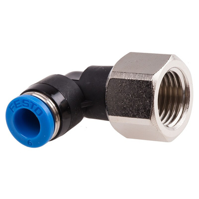 Festo QS Series Elbow Threaded Adaptor, G 1/4 Female to Push In 6 mm, Threaded-to-Tube Connection Style, 153275