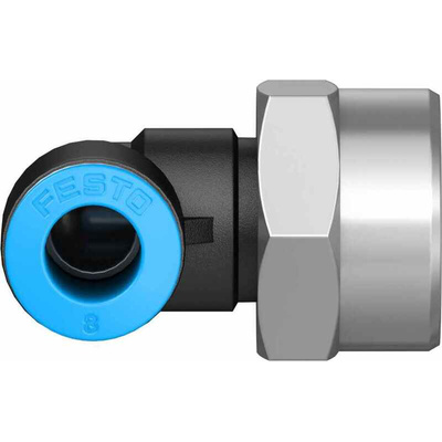 Festo QS Series Elbow Threaded Adaptor, G 3/8 Female to Push In 8 mm, Threaded-to-Tube Connection Style, 153278