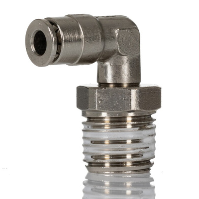 Norgren PNEUFIT 10 Series Elbow Fitting, R 1/4 Male to Push In 4 mm, Threaded-to-Tube Connection Style, 10147
