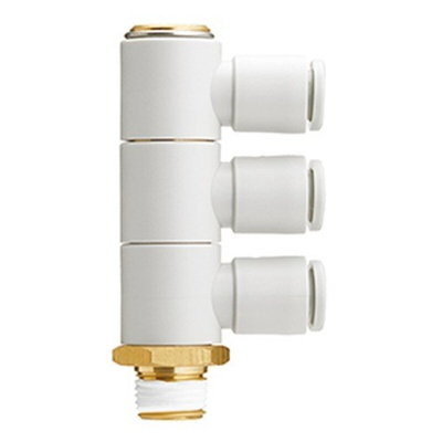 SMC KQ2 Series Triple Branch Universal Male Elbow, R 3/8 to Push In 12 mm, Threaded-to-Tube Connection Style