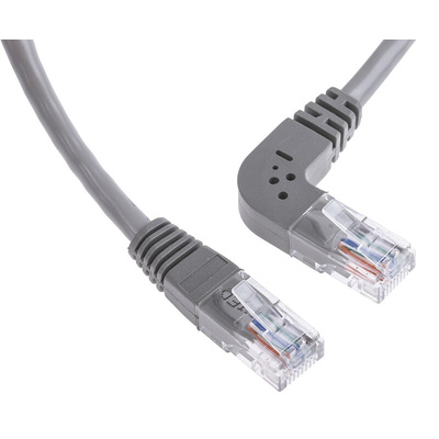 RS PRO Cat5e Straight Male RJ45 to Right Angle Male RJ45 Ethernet Cable, U/UTP, Grey PVC Sheath, 3m
