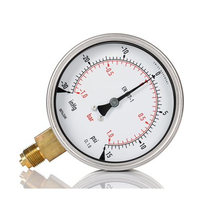 RS PRO G 3/8 Analogue Pressure Gauge 1bar Bottom Entry, RS Calibration, -1bar min.