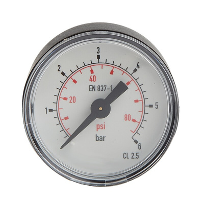 RS PRO Analogue Pressure Gauge 6bar Back Entry, 0bar min.