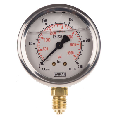 WIKA G 1/4 Analogue Pressure Gauge 250bar Bottom Entry, 9626951, 0bar min.