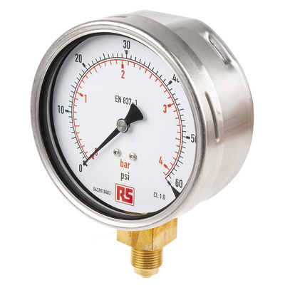 RS PRO G 3/8 Analogue Pressure Gauge 60psi Bottom Entry, 0psi min.