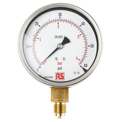 RS PRO G 3/8 Analogue Pressure Gauge 60psi Bottom Entry, 0psi min.