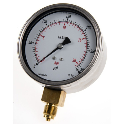 RS PRO G 3/8 Analogue Pressure Gauge 300psi Bottom Entry, 0psi min.