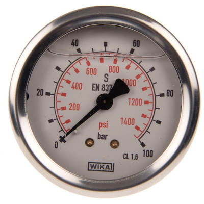 WIKA G 1/4 Analogue Pressure Gauge 100bar Back Entry, 46852703, 0bar min.