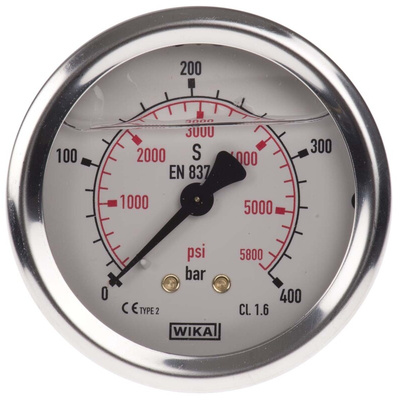 WIKA G 1/4 Analogue Pressure Gauge 400bar Back Entry, 9314203, 0bar min.