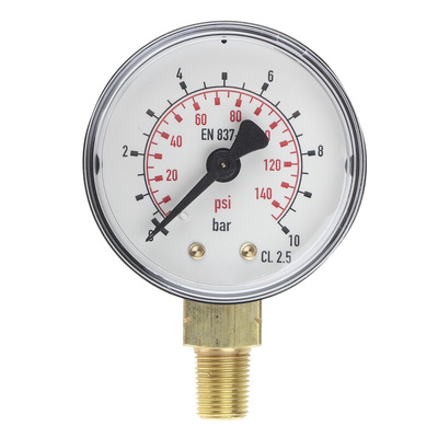 RS PRO Analogue Pressure Gauge 10bar Bottom Entry, UKAS, 0bar min.