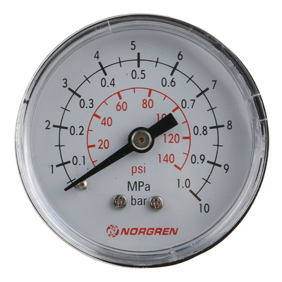 Norgren Analogue Pressure Gauge 10bar Back Entry, 18-013-013, UKAS, 0bar min.