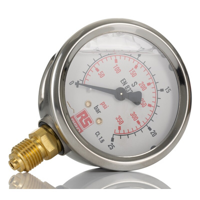 RS PRO G 1/4 Analogue Pressure Gauge 25bar Bottom Entry, 0bar min.