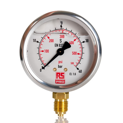 RS PRO G 1/4 Analogue Pressure Gauge 40bar Bottom Entry, 0bar min.