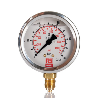 RS PRO G 1/4 Analogue Pressure Gauge 100bar Bottom Entry, 0bar min.