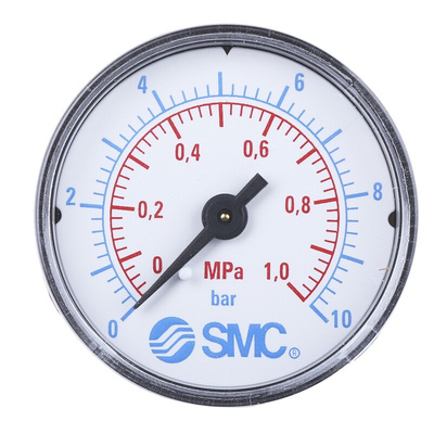 SMC Analogue Pressure Gauge 10bar Back Entry, K4-10-50, 0bar min.