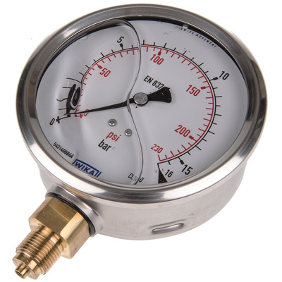 WIKA G 3/8 Analogue Pressure Gauge 16bar Bottom Entry, 7075589, 0bar min.