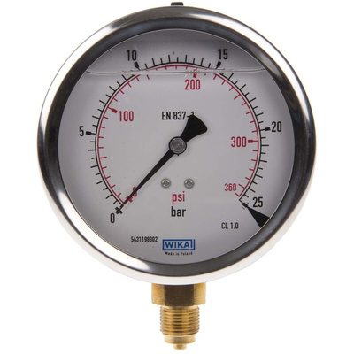 WIKA G 3/8 Analogue Pressure Gauge 25bar Bottom Entry, 7075597, 0bar min.