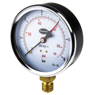 Brannan G 3/8 Analogue Pressure Gauge 6bar Bottom Entry, 34/654/0, 0bar min.