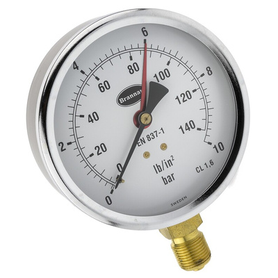 Brannan G 3/8 Analogue Pressure Gauge 10bar Bottom Entry, 34/655/0, 0bar min.