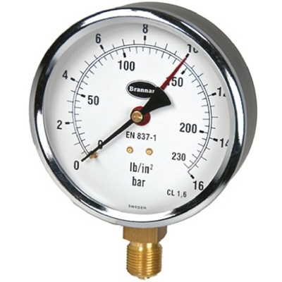 Brannan G 3/8 Analogue Pressure Gauge 16bar Bottom Entry, 34/656/0, 0bar min.