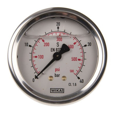 WIKA G 1/4 Analogue Pressure Gauge 40bar Back Entry, 9314197, UKAS, 0bar min.