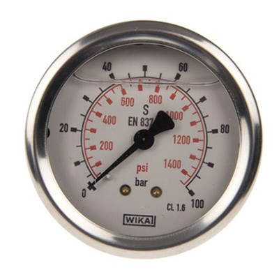 WIKA G 1/4 Analogue Pressure Gauge 100bar Back Entry, 46852703, UKAS, 0bar min.