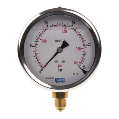 WIKA G 3/8 Analogue Pressure Gauge 25bar Bottom Entry, 7075597, UKAS, 0bar min.