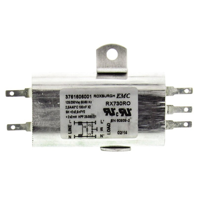 Roxburgh EMC, RX730 2.5A 250 V ac 60Hz, Chassis Mount RFI Filter, Tab, Single Phase