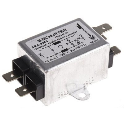 Schurter, FMW2 3A 250 V ac 60Hz, Panel Mount RFI Filter, Solder Tab, Single Phase