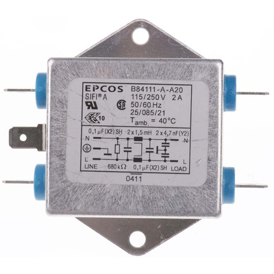 EPCOS B84111A Series 2A 250 V ac 60Hz Flange Mount RFI Filter, with Tab Terminals, Single Phase