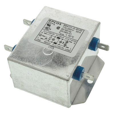 EPCOS B84111A Series 20A 250 V ac 60Hz Flange Mount RFI Filter, with Tab Terminals, Single Phase