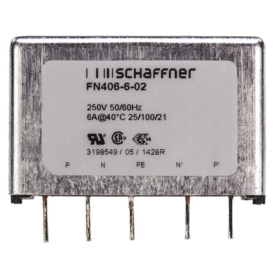 Schaffner, FN406 6A 250 V ac 400Hz, PCB Mount EMC Filter, Pin, Single Phase
