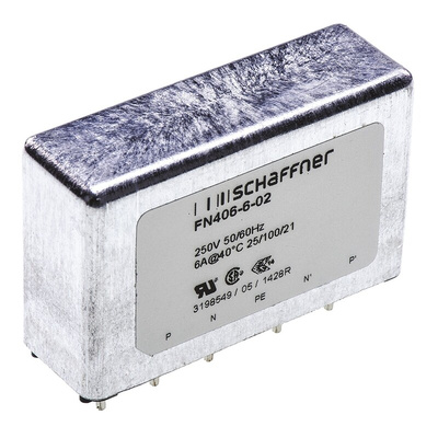 Schaffner, FN406 6A 250 V ac 400Hz, PCB Mount EMC Filter, Pin, Single Phase