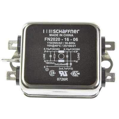 Schaffner, FN2020 16A 250 V ac/dc 400Hz, Chassis Mount EMI Filter, Fast-On, Single Phase