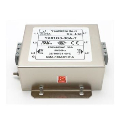 RS PRO 30A 300/520 V ac 50/60Hz, Chassis Mount Power Line Filter, Terminal Block 3 Phase